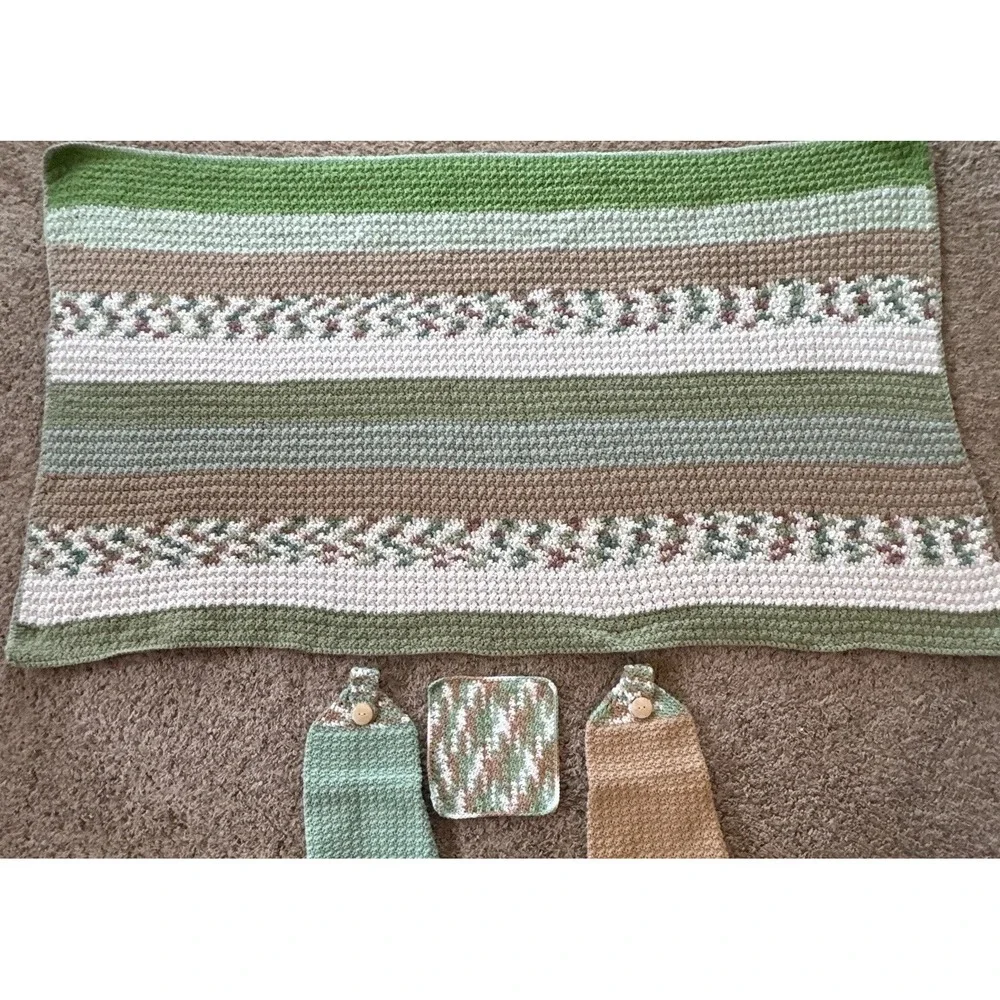 Crochet Afghan Blanket Throw Lap‎ Homemade Colorful Stripe 33x58.5 & Dish Towels